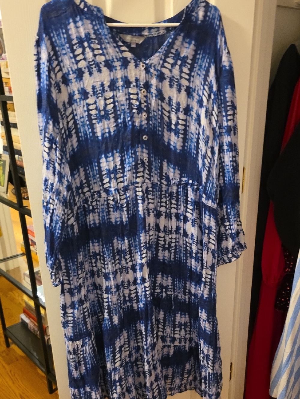 Blue Tie-Dye Long Sleeve Button-Front Maxi Dress